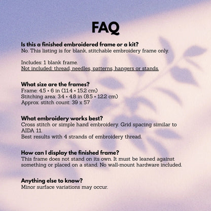 FAQ graphic explaining stitchable embroidery frame details including size, stitching area, and how the frame is used.