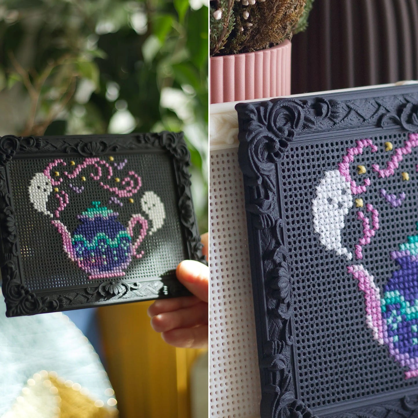 Cross-stitched design of a teapot with decorative elements on a black frame.
