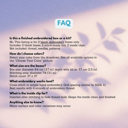 FAQ for set of 2 round cross stitch blank boxes — what's included, color choice, box dimensions of 9.4 cm diameter, AIDA 11 grid spacing, and inside clip use