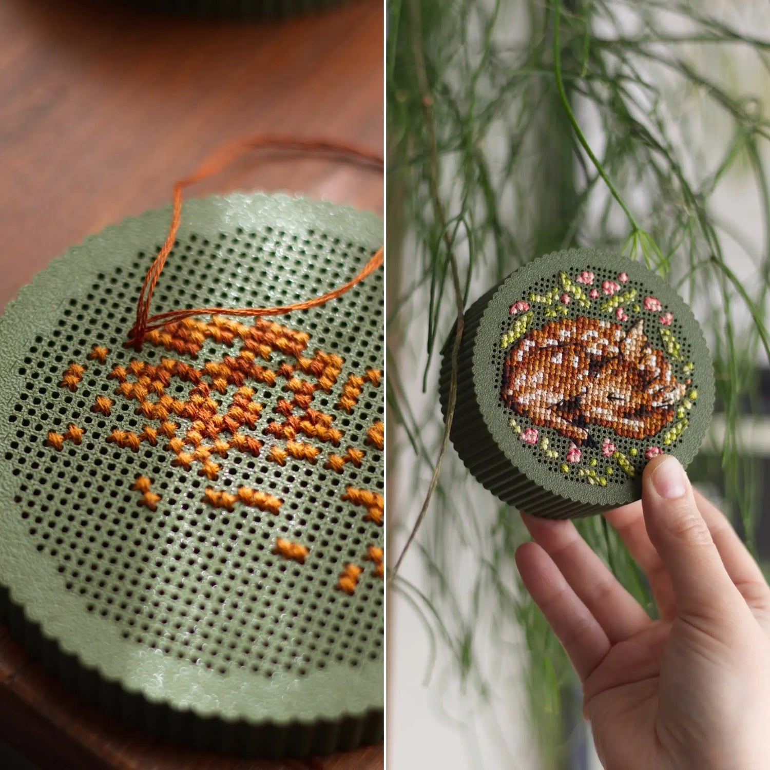 Cross stitch in progress on round dark green perforated lid with orange thread, beside finished sleeping fawn embroidery held in hand