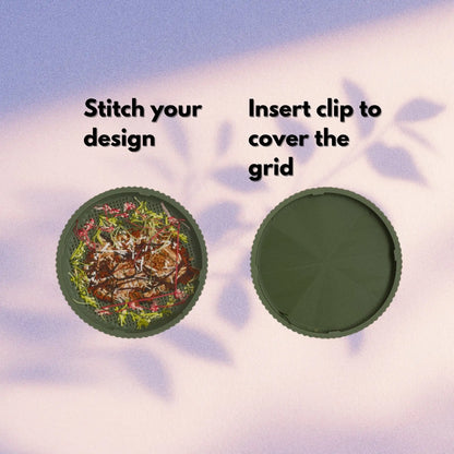 Inside clip detail — left shows back of stitched dark green lid with thread ends visible through the grid, right shows the dark green clip inserted to cover the grid for a clean finished look