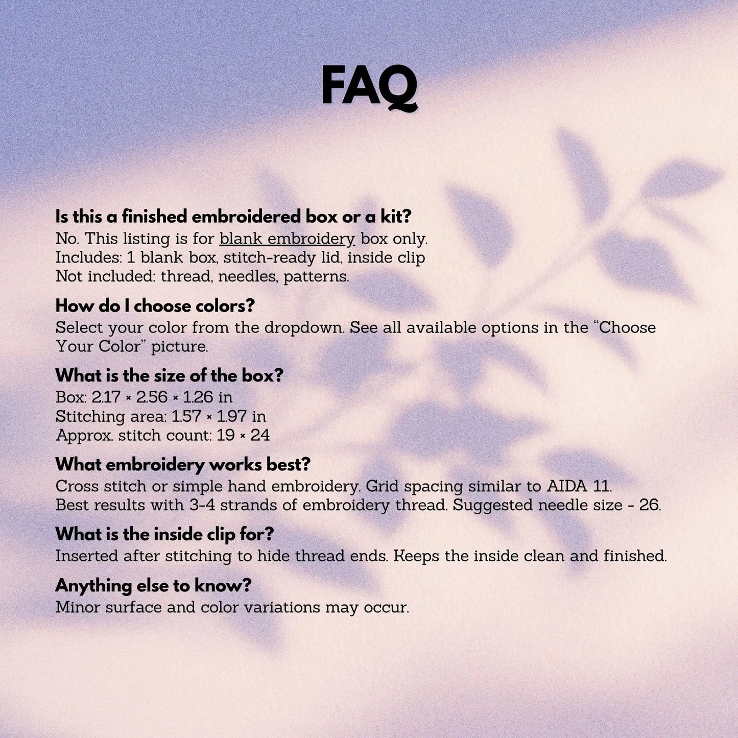 FAQ infographic for GoodStrings cross stitch blank box – size, stitch count, colors, and embroidery tips