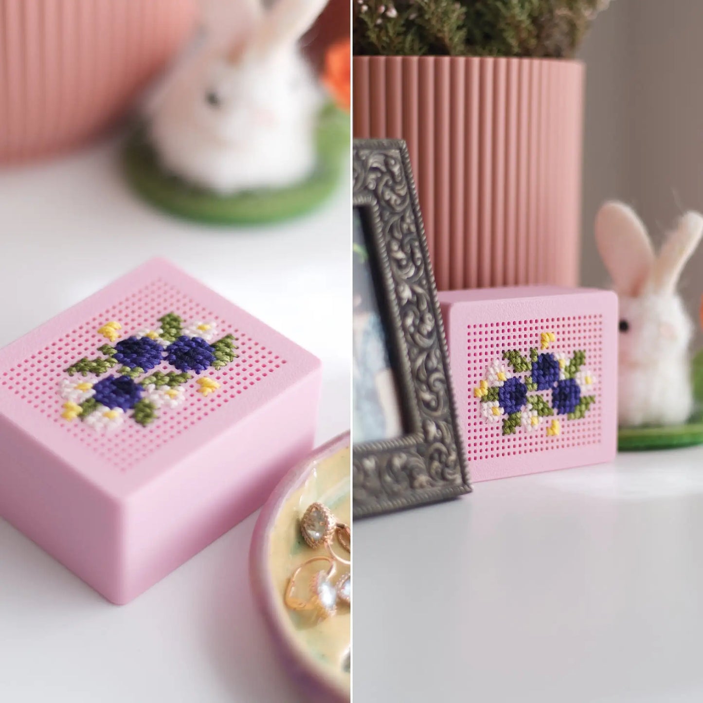 Pink stitchable cross stitch box open with jewelry inside – cross stitch embroidery blank box by GoodStrings