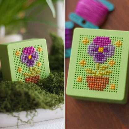 Green cross stitch blank box with purple flower embroidery design on lid – stitchable embroidery box by GoodStrings