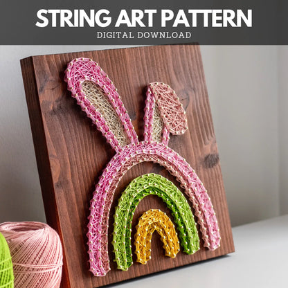 Printable Easter Bunny Rainbow string art pattern finished in soft pinks, greens, and yellow – perfect for spring crafting.