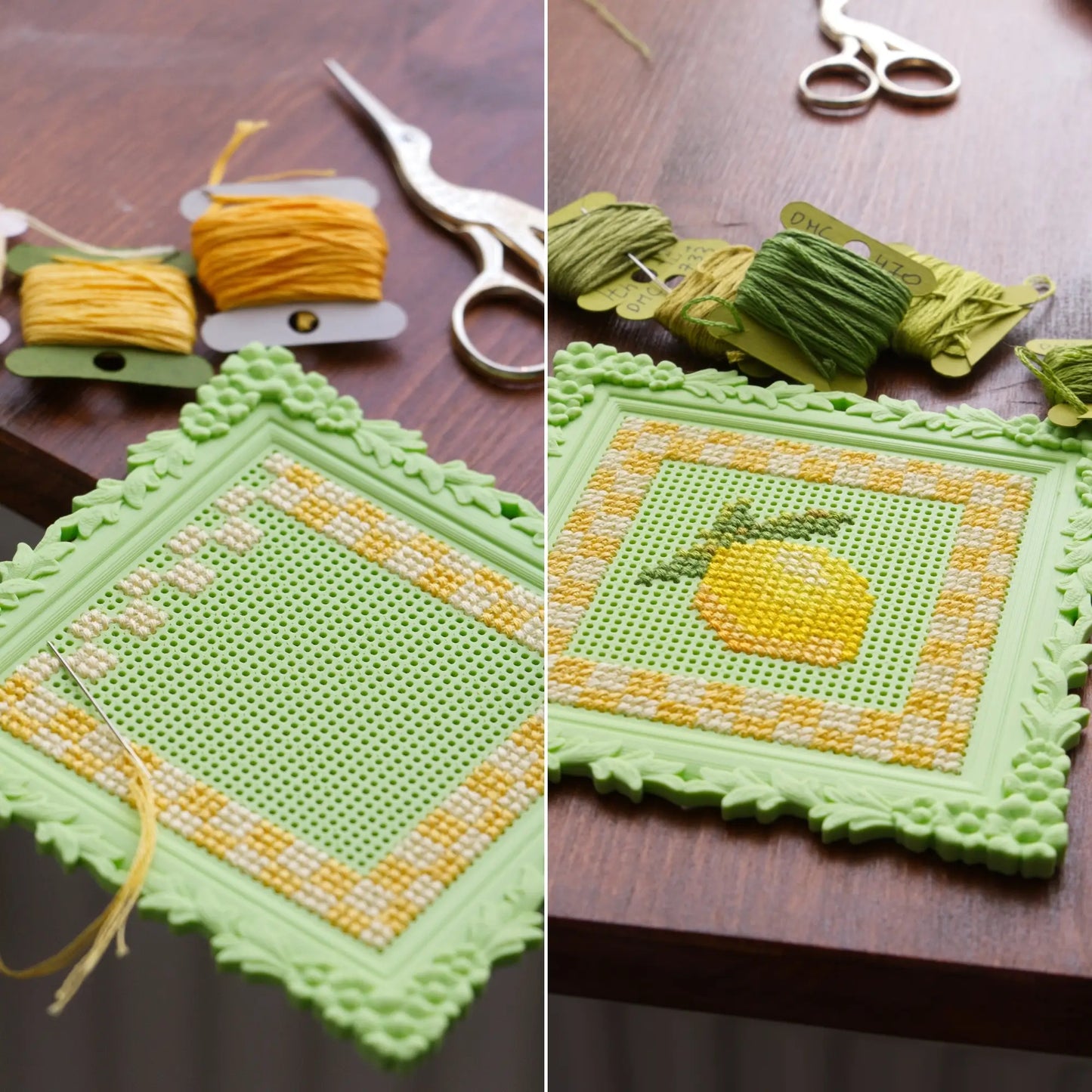 Green floral cross stitch frame in progress and finished, showing embroidery floss and needle mid-stitch alongside the completed lemon design.