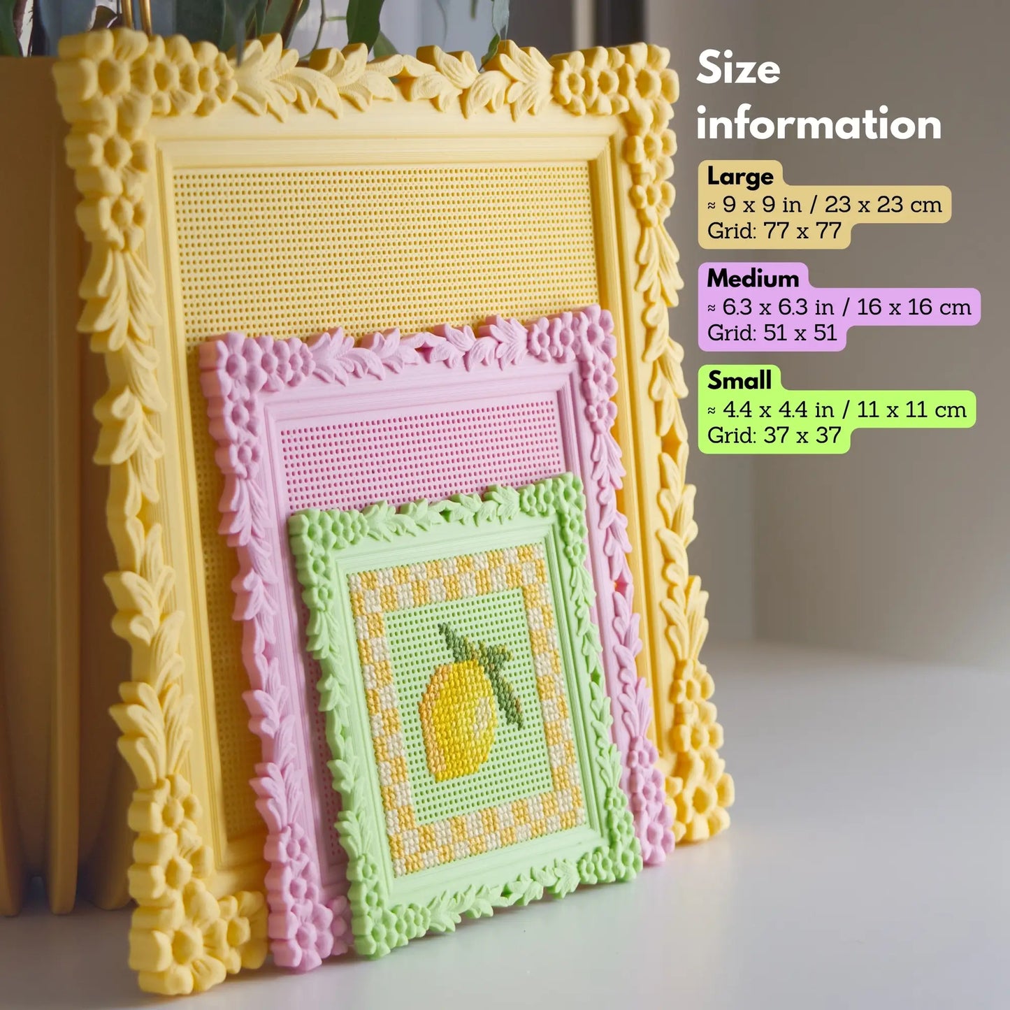 Size chart for floral cross stitch frames showing Large (23 × 23 cm, 77 × 77 grid), Medium (16 × 16 cm, 51 × 51 grid), and Small (11 × 11 cm, 37 × 37 grid).