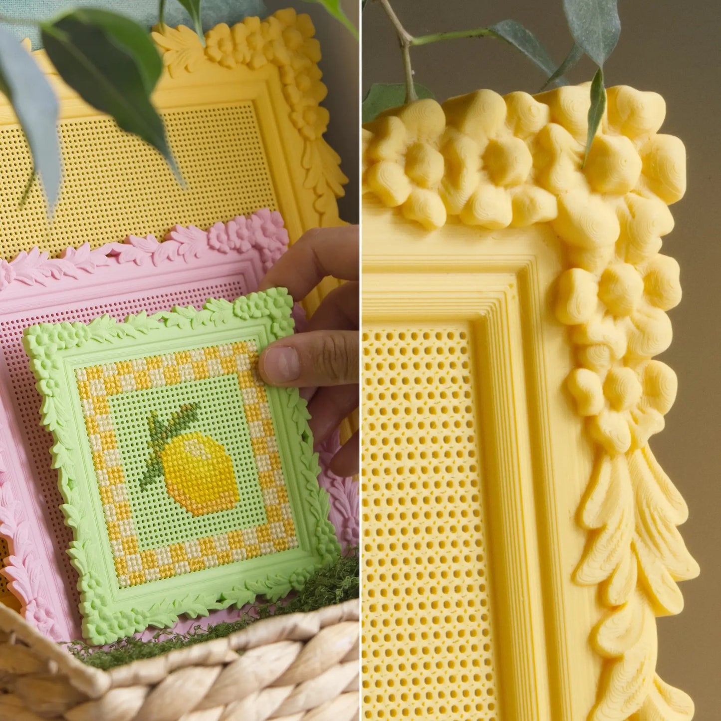 Close-up of the floral cross stitch frame border in yellow, showing the ornate flower-and-leaf detail and the perforated stitchable grid.