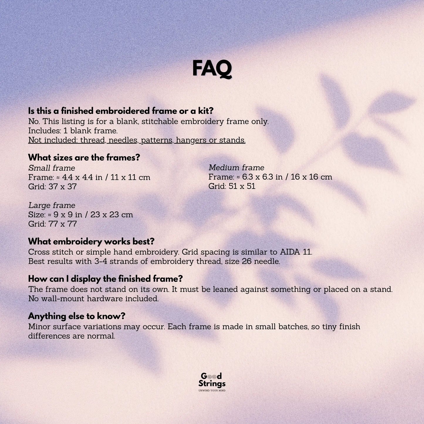 FAQ graphic for the floral cross stitch frame covering sizes, included items, embroidery recommendations, and display instructions.