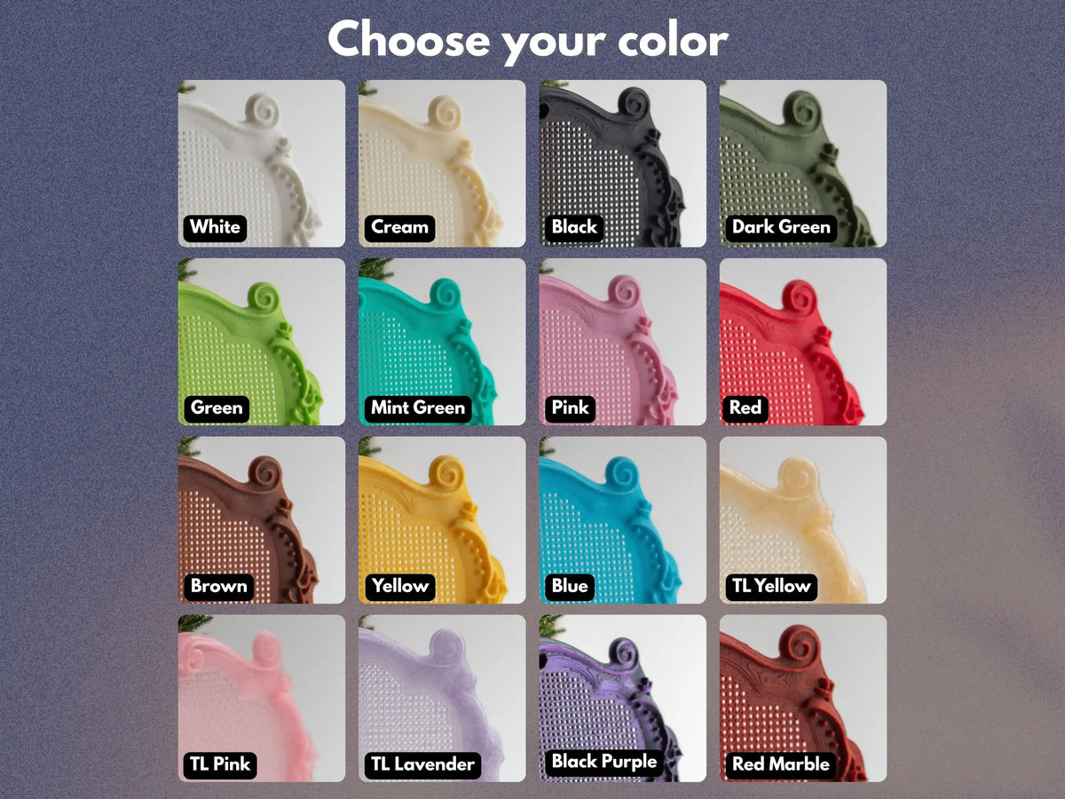 Choose your color chart with sixteen close-up swatches: White, Cream, Black, Dark Green, Green, Mint Green, Pink, Red, Brown, Yellow, Blue, TL Yellow, TL Pink, TL Lavender, Black Purple and Red Marble.