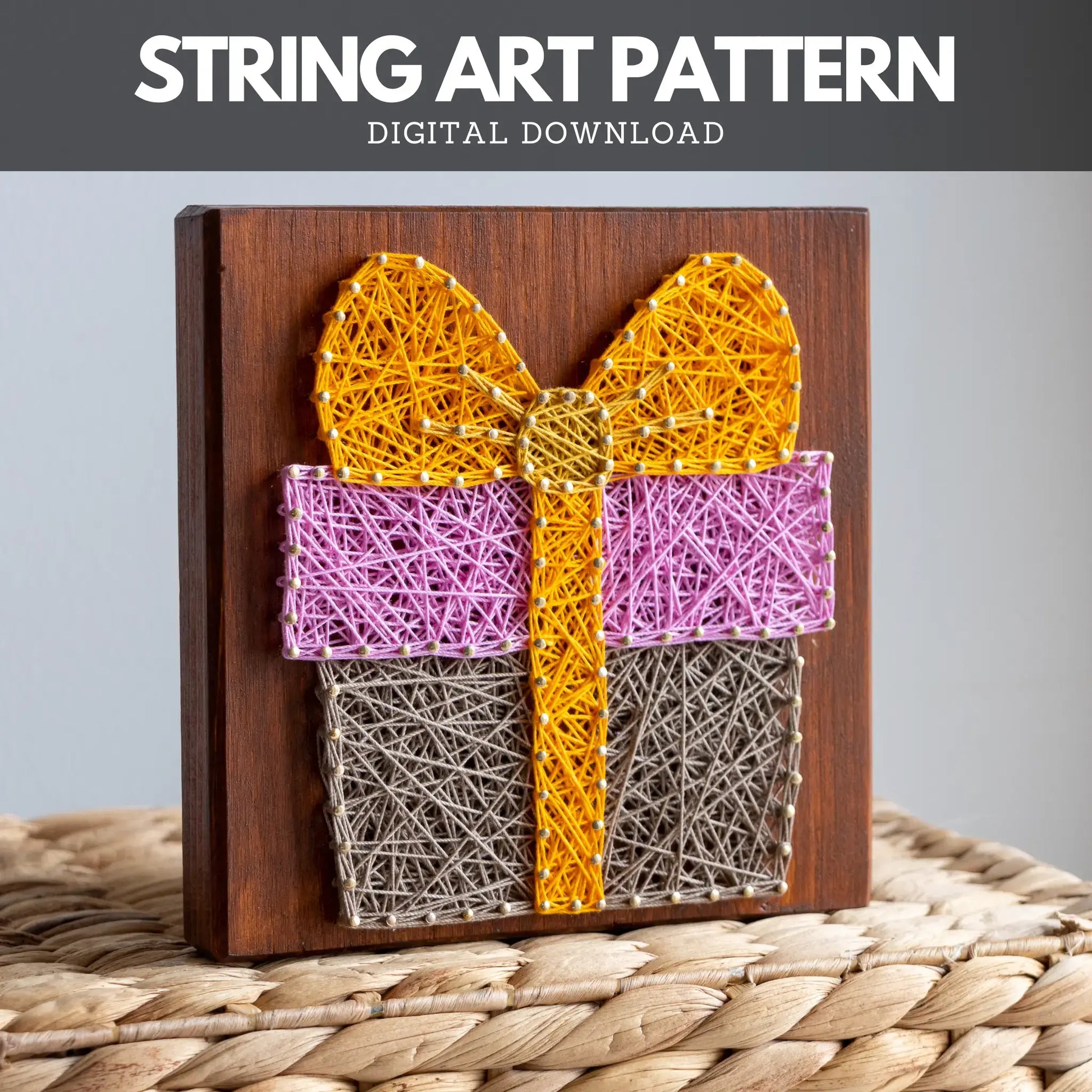 String art pattern of a gift box with a bow on a wooden board, digital download.