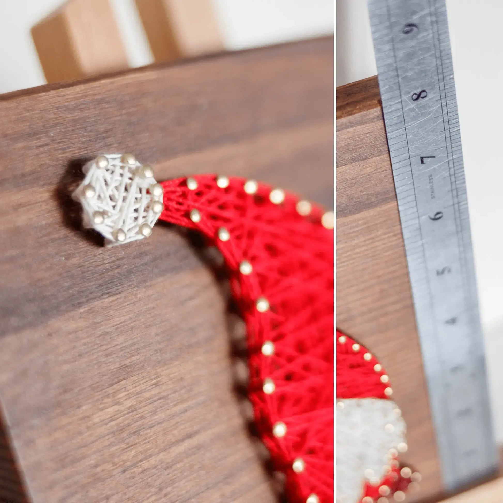 Close-up of a gnome string art project with a red hat and a ruler for size reference, ideal for measuring finished handmade decor.