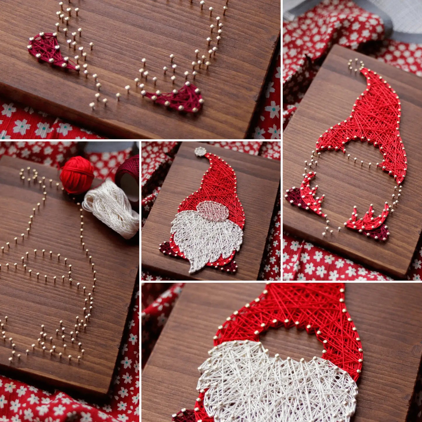 Collage of gnome string art sign stages, showing the step-by-step process from nailing to threading, including red and white thread supplies.