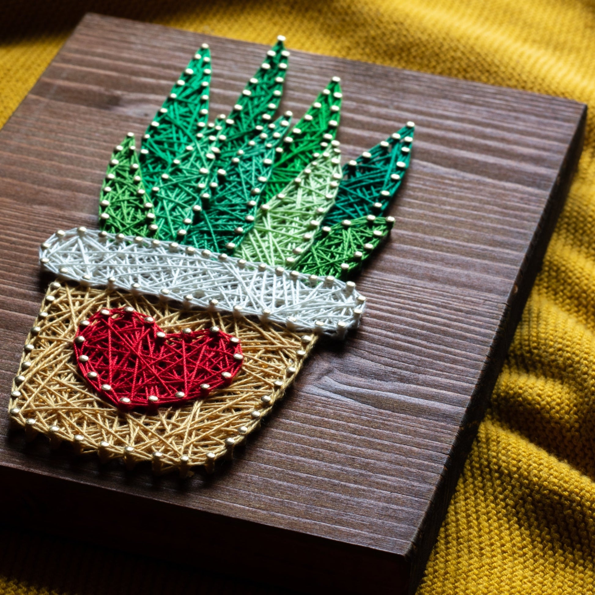 DIY string art kit featuring an aloe vera plant in a pot with a red heart created with threads on a dark wooden board by GoodStrings