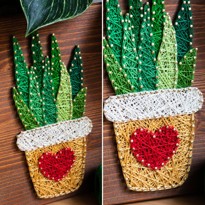 DIY string art kit featuring an aloe vera plant in a pot with a red heart created with threads on a dark wooden board by GoodStrings