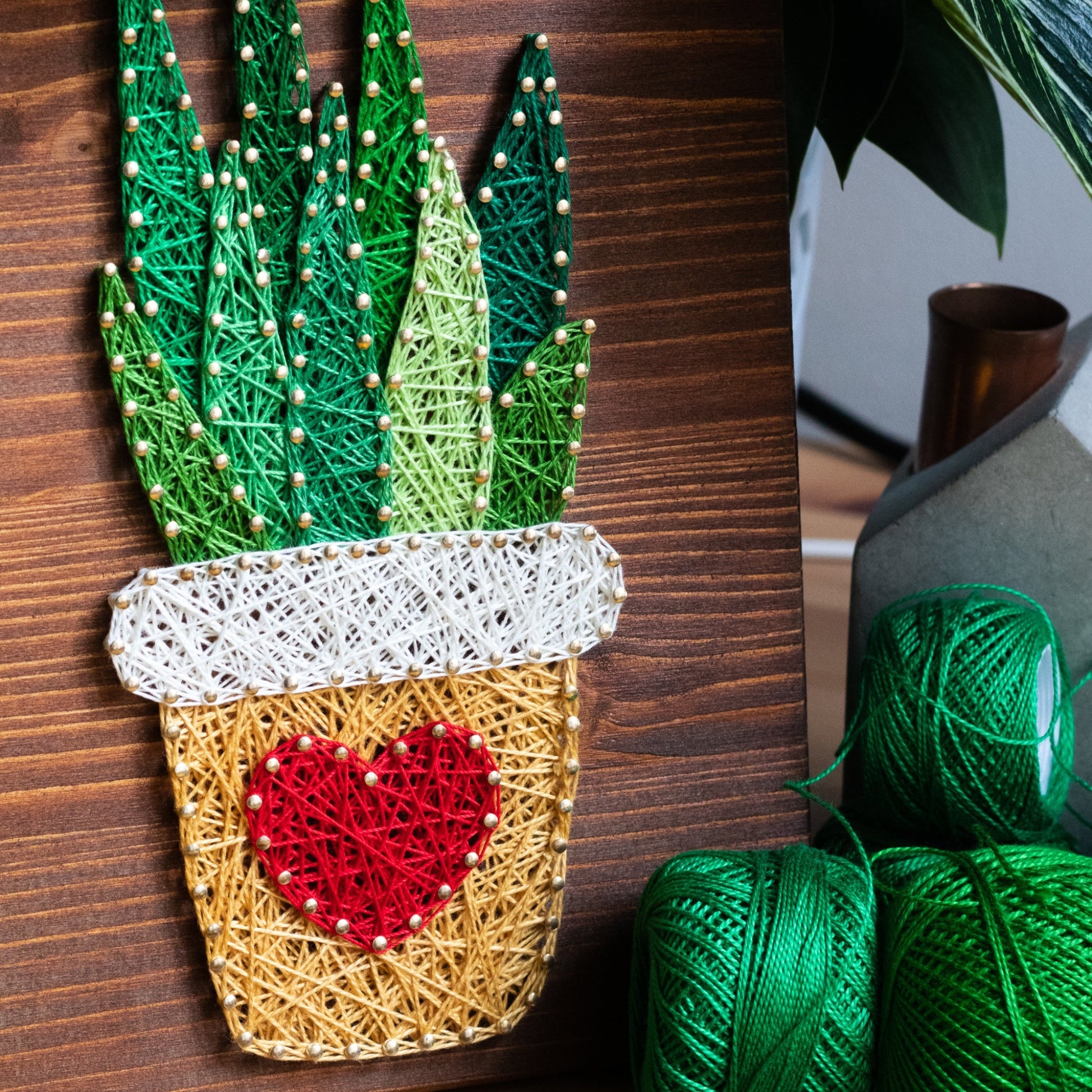 DIY string art kit featuring an aloe vera plant in a pot with a red heart created with threads on a dark wooden board by GoodStrings