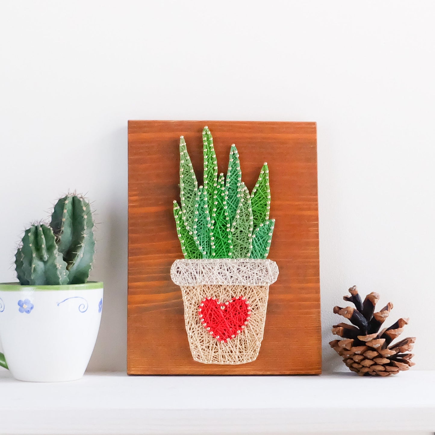 DIY string art kit featuring an aloe vera plant in a pot with a red heart created with threads on a dark wooden board by GoodStrings