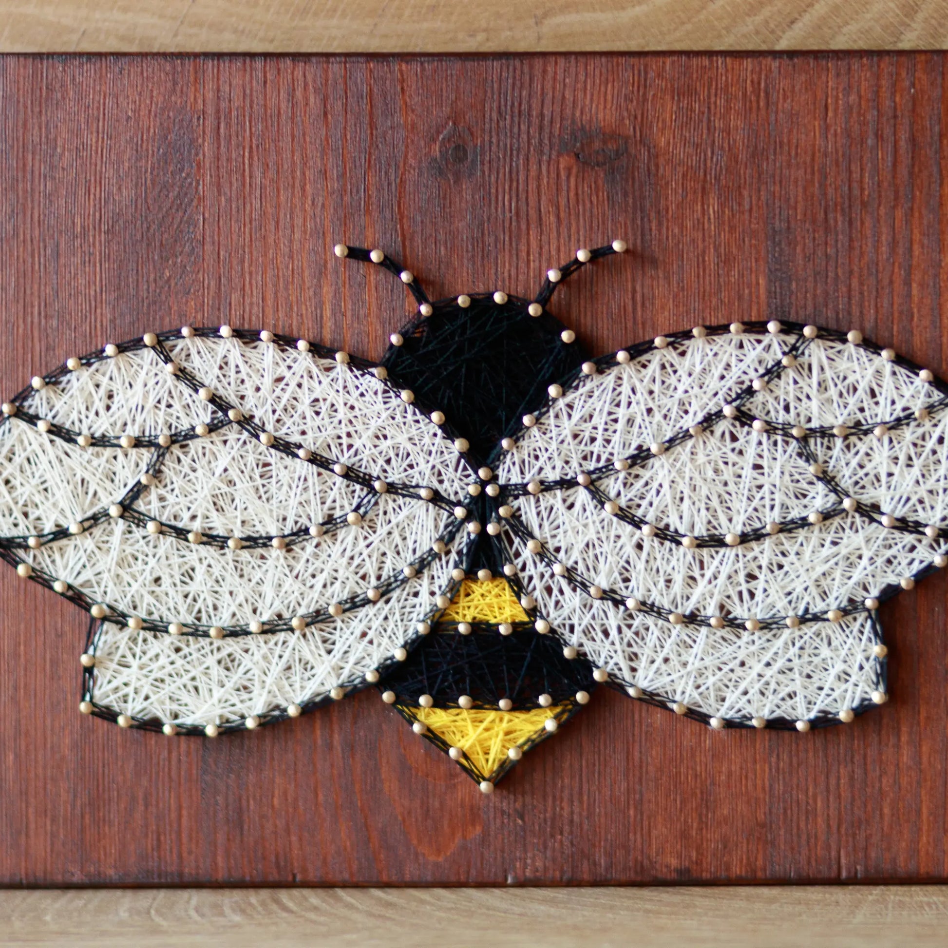 DIY string art kit featuring a bee outlined with black, yellow, and white thread on a rustic wooden board by GoodStrings - front view