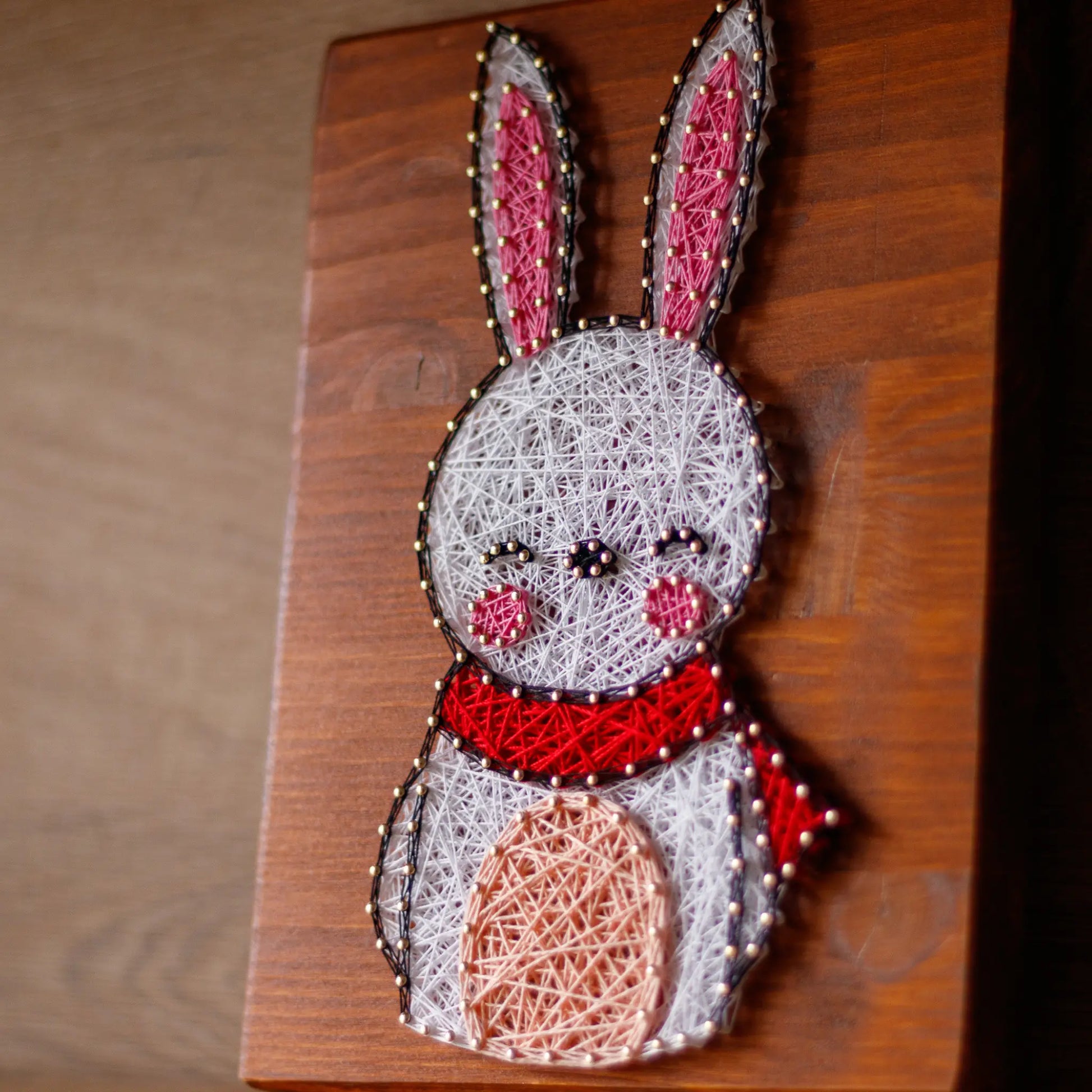 DIY string art kit featuring a cute bunny outlined with white, pink, and red thread on a rustic wooden board by GoodStrings - side view, right