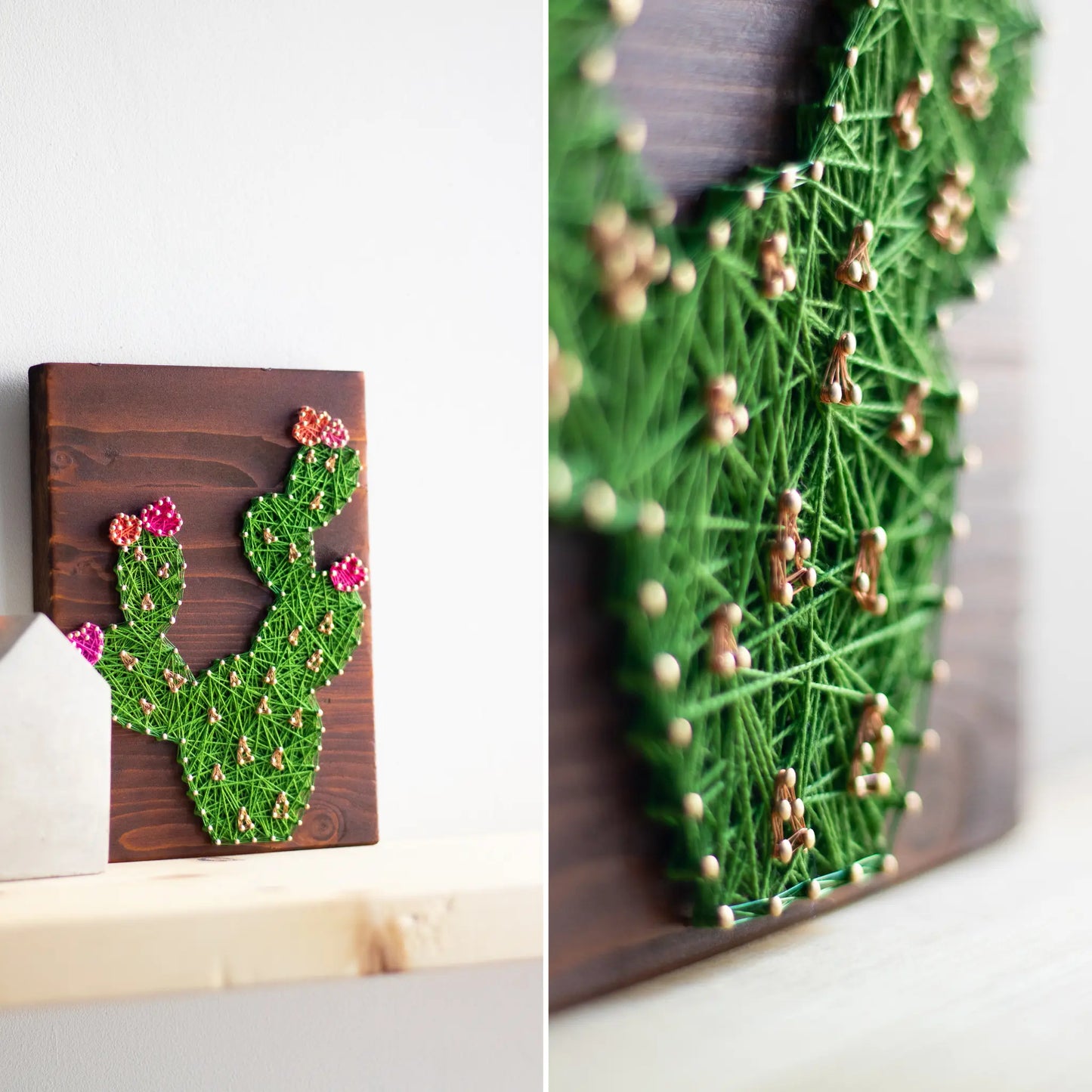 DIY string art kit featuring a green cactus with colorful flowers created with threads on a dark wooden board by GoodStrings