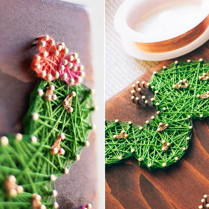 DIY string art kit featuring a green cactus with colorful flowers created with threads on a dark wooden board by GoodStrings