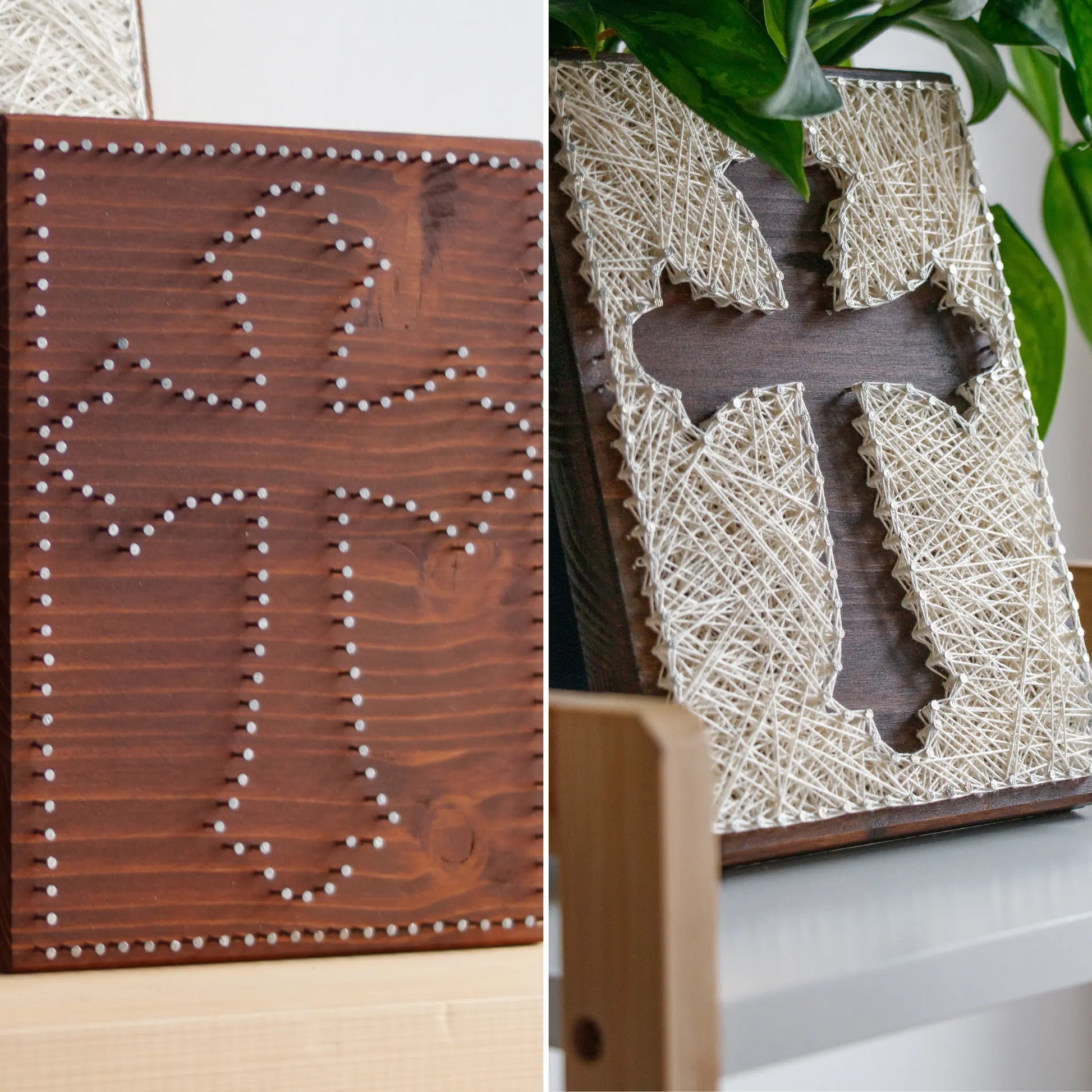 DIY string art kit featuring a cross silhouette with white threads on a dark wooden board by GoodStrings