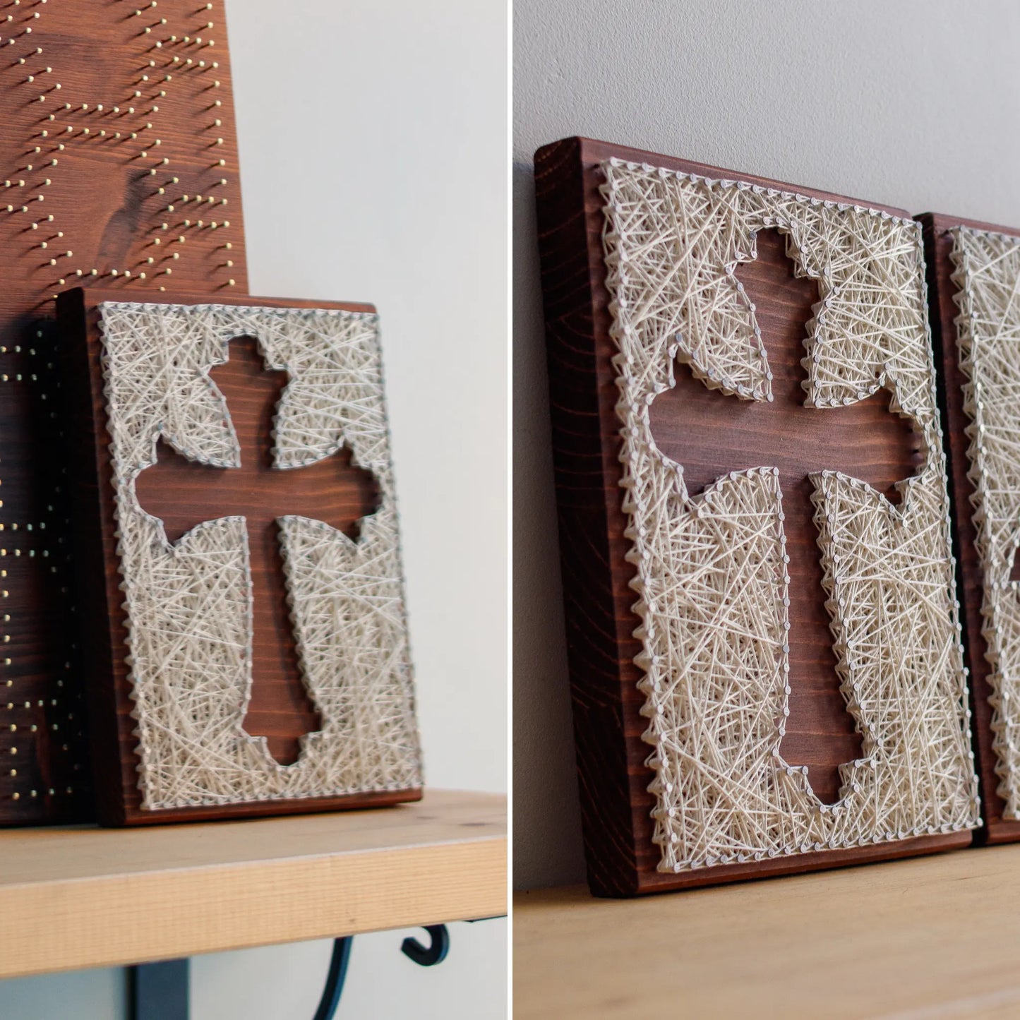 DIY string art kit featuring a cross silhouette with white threads on a dark wooden board by GoodStrings