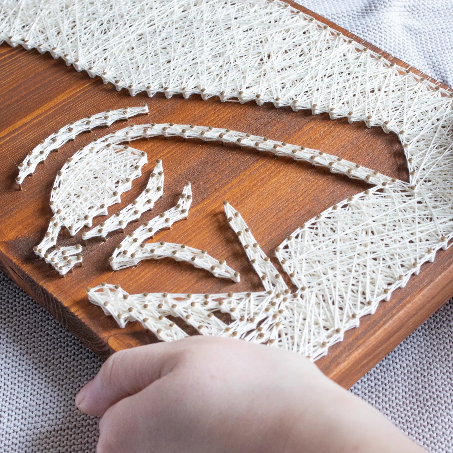 DIY string art kit featuring a silhouette of Darth Vader outlined with white thread on a rustic wooden board by GoodStrings - hand holding