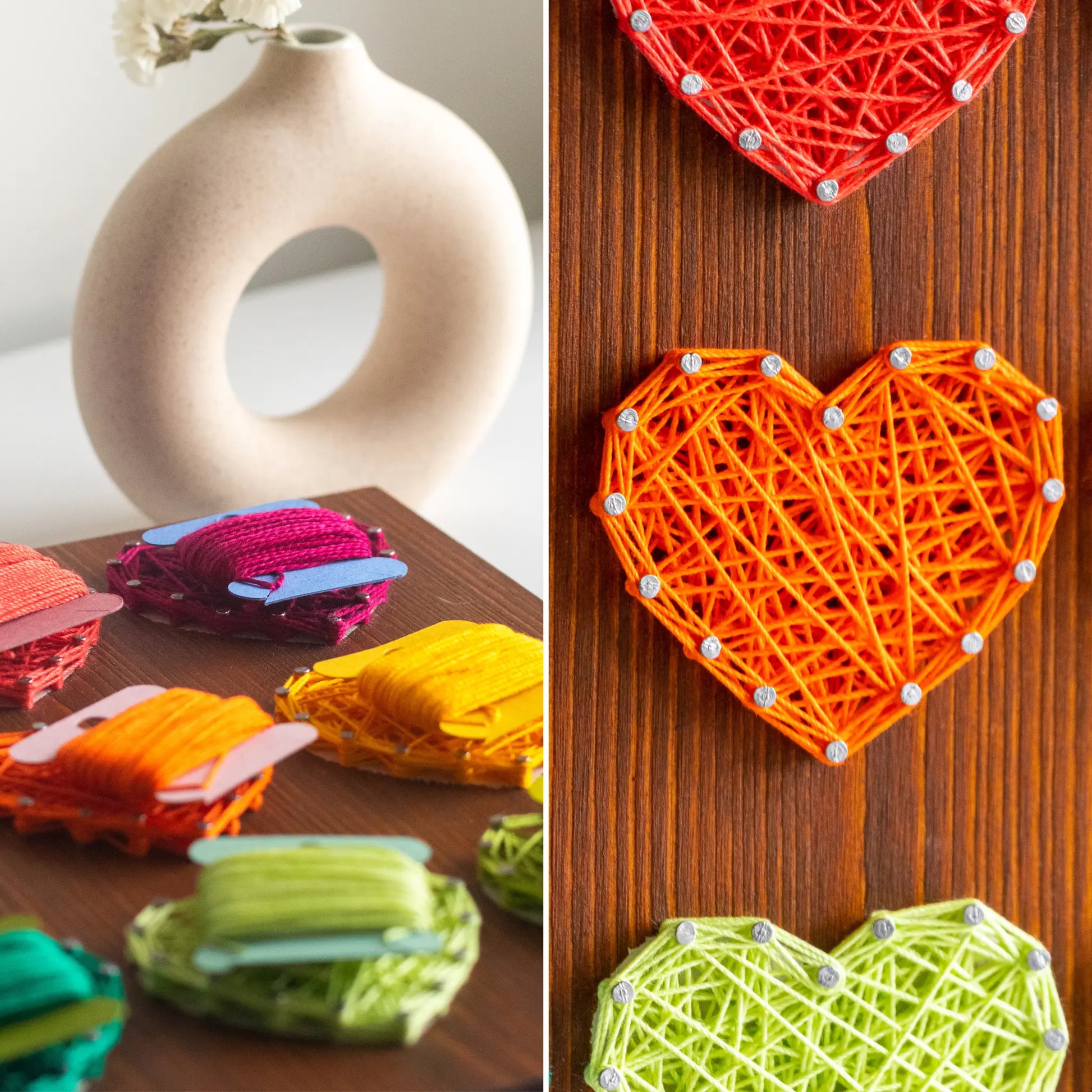 DIY string art kit with colorful hearts on a rustic wooden board by GoodStrings - details