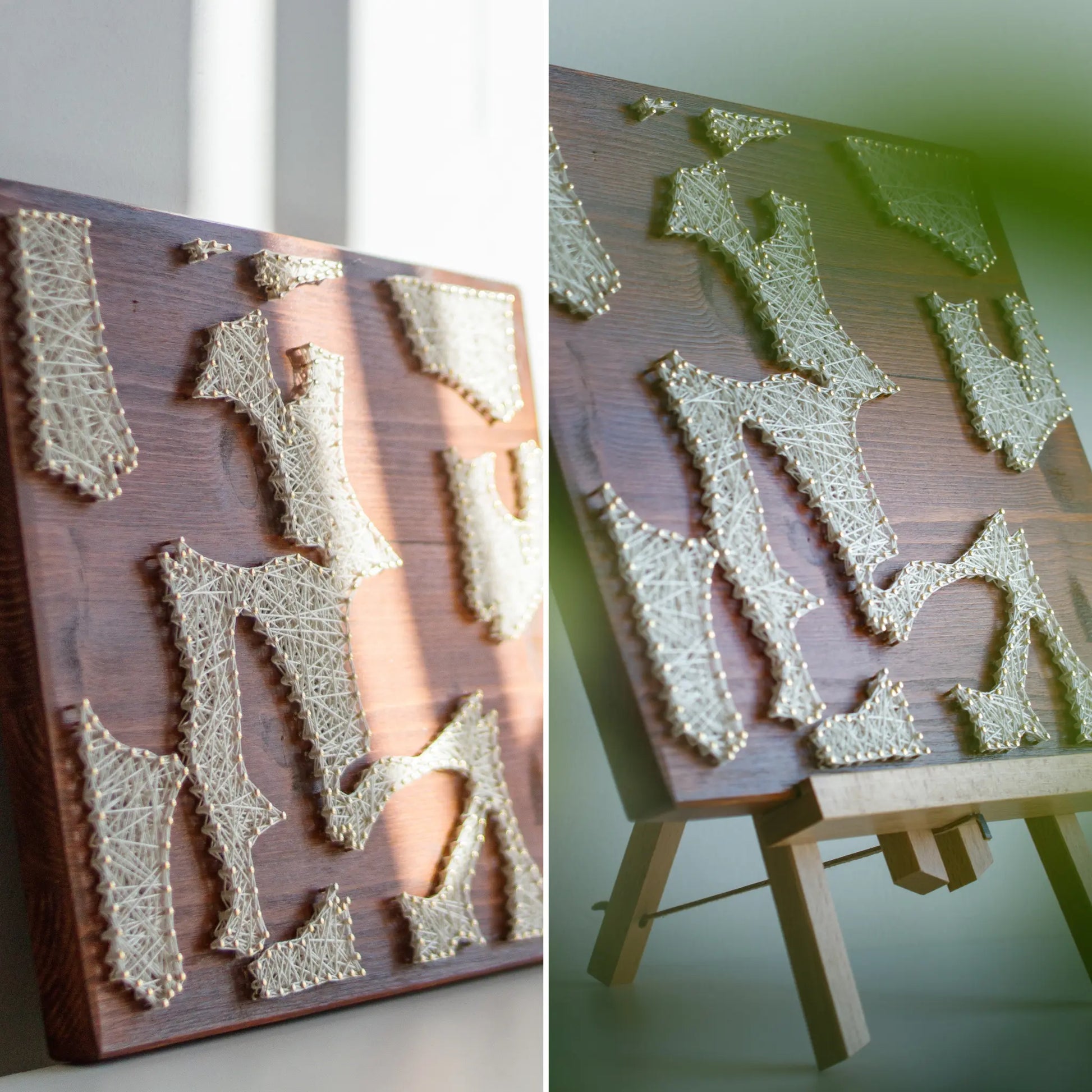 A butterfly silhouettes string art sign made with white string on a dark wooden background, showcasing multiple abstract butterfly shapes.