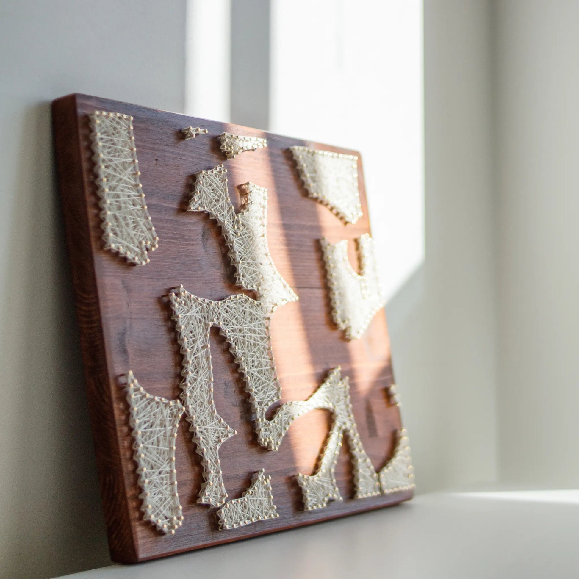 A butterfly silhouettes string art sign made with white string on a dark wooden background, showcasing multiple abstract butterfly shapes.