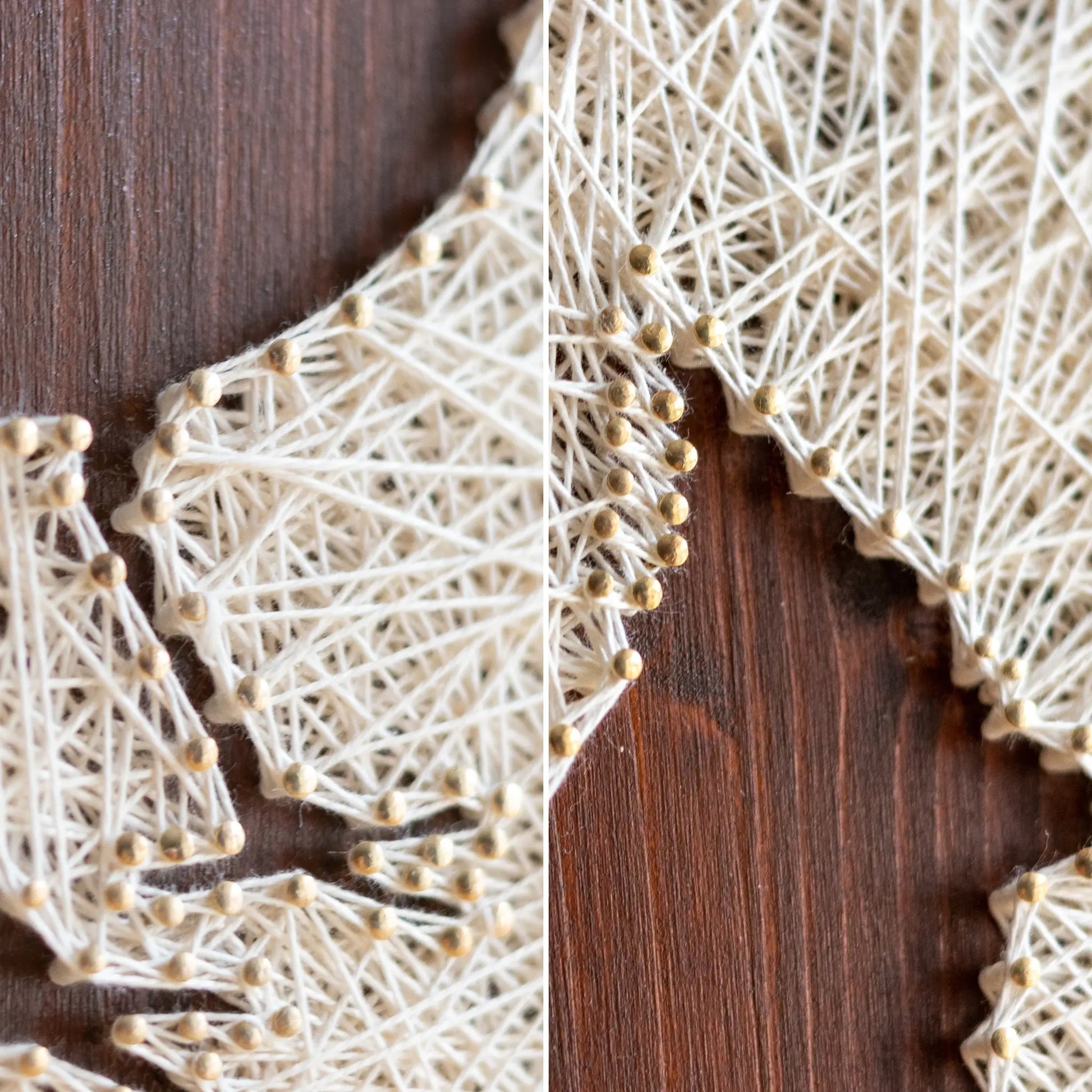 Side angle of a cardinal bird string art sign showing detailed string pattern on a dark wooden frame, resting on a wooden surface.