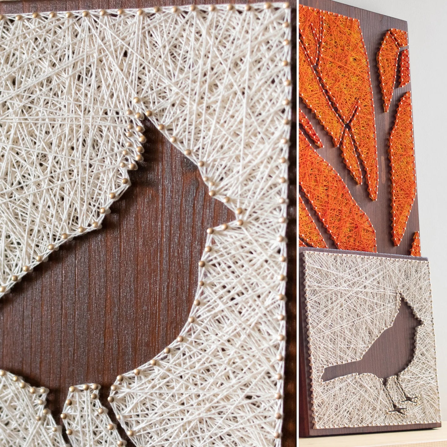 Side angle of a cardinal bird string art sign showing detailed string pattern on a dark wooden frame, resting on a wooden surface.