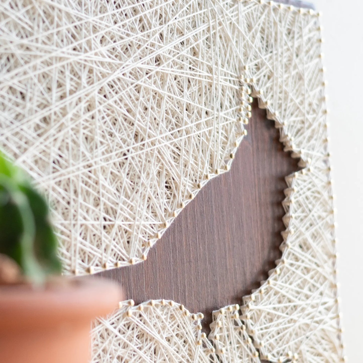 Side angle of a cardinal bird string art sign showing detailed string pattern on a dark wooden frame, resting on a wooden surface.