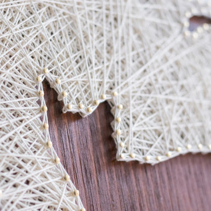 A close-up view of a DIY cat string art sign, featuring intricate white string patterns on a dark wooden background.