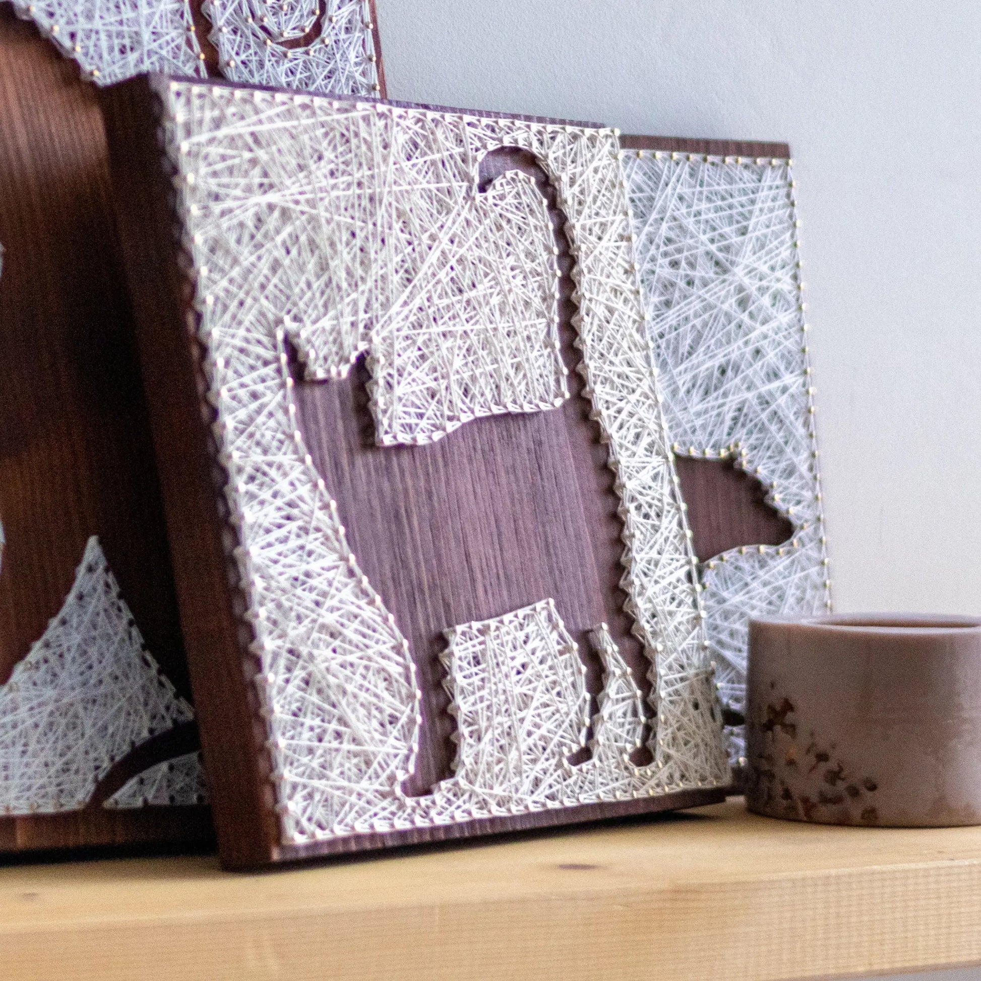 A close-up view of a DIY cat string art sign, featuring intricate white string patterns on a dark wooden background.