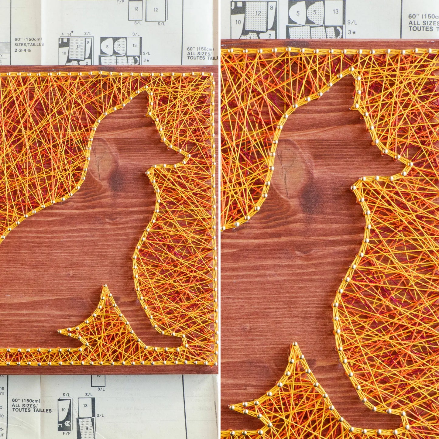 Orange and yellow fox string art on a wooden board from Goodstrings DIY kits for adults.