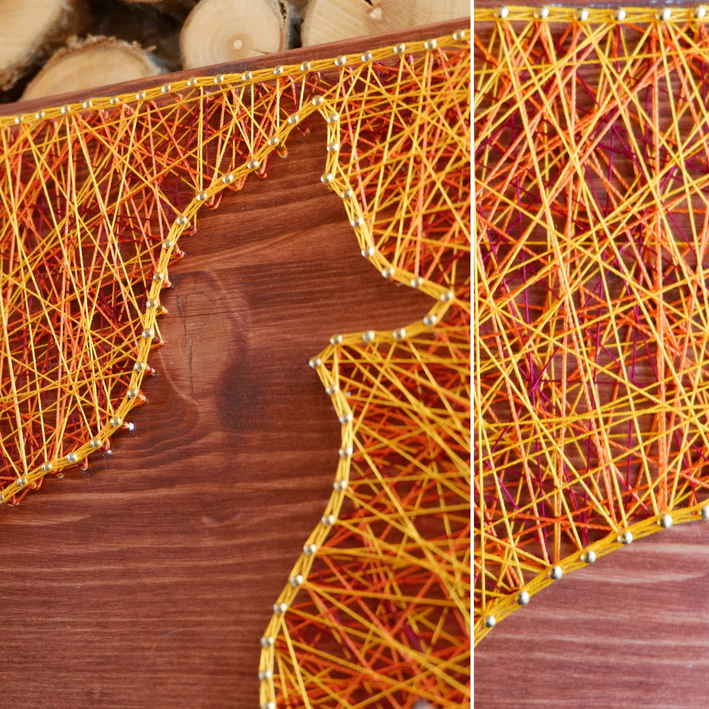 Orange and yellow fox string art on a wooden board from Goodstrings DIY kits for adults.