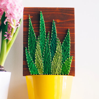 A vibrant aloe vera string art sign made with green string on a dark wooden background, showcasing a beautiful and natural aloe vera plant design.