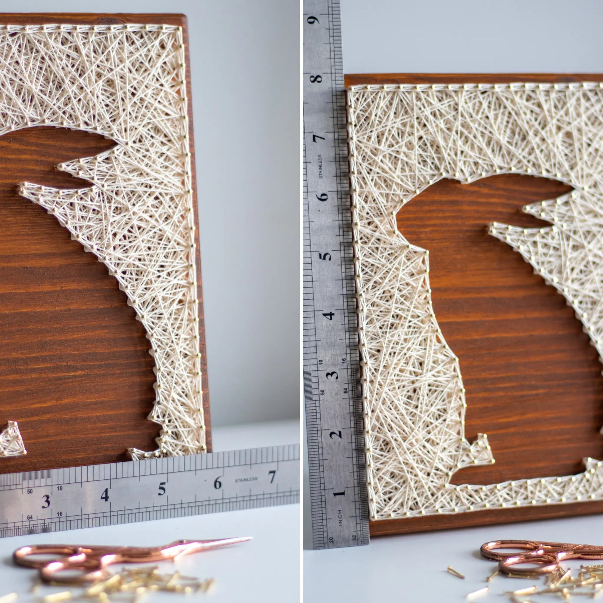 A charming rabbit string art sign made with white string on a dark wooden background, depicting a sitting rabbit silhouette.