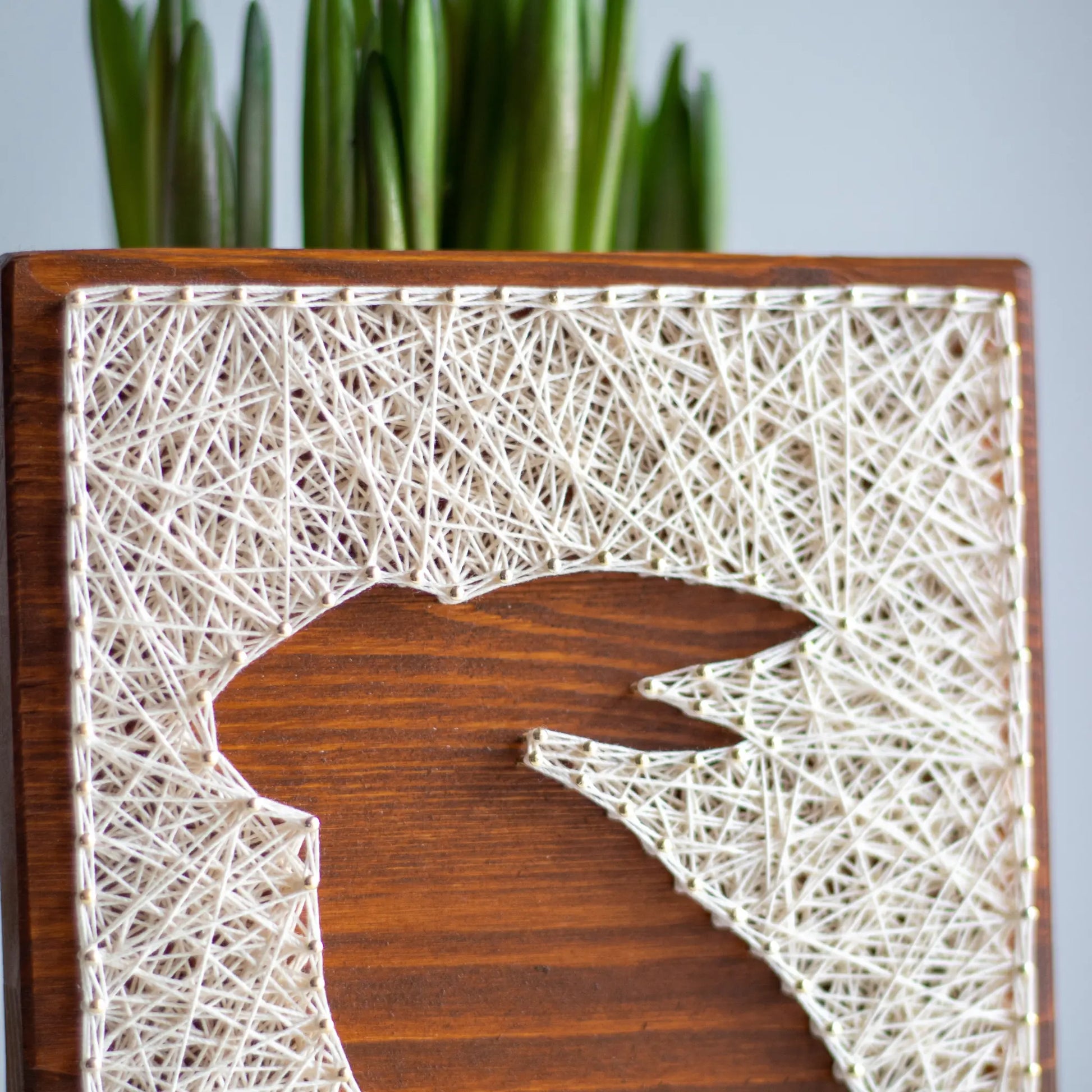 A charming rabbit string art sign made with white string on a dark wooden background, depicting a sitting rabbit silhouette.