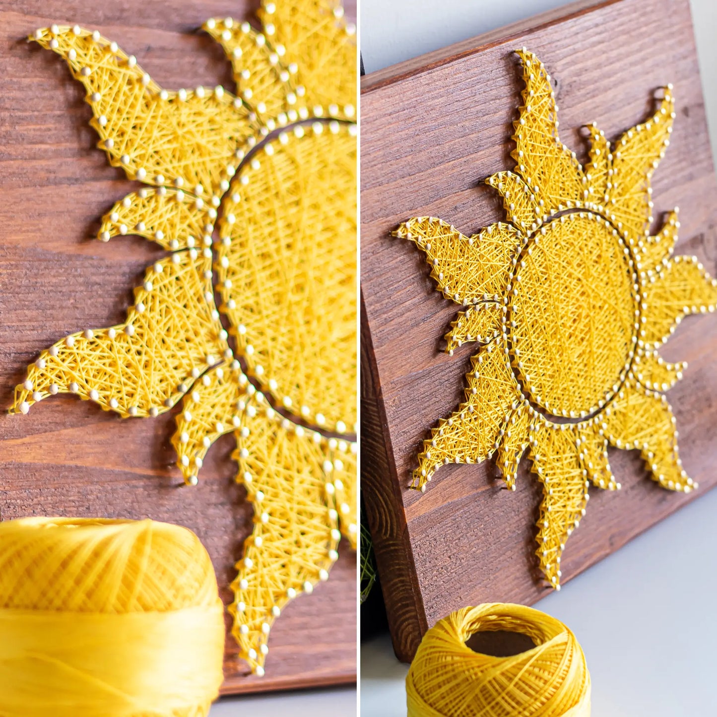 A vibrant sun string art sign made with yellow string on a dark wooden background, showcasing a bright and cheerful sun design.