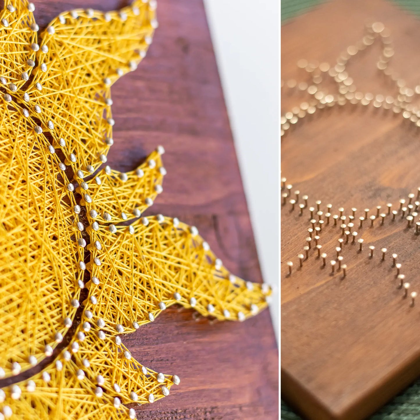 A vibrant sun string art sign made with yellow string on a dark wooden background, showcasing a bright and cheerful sun design.