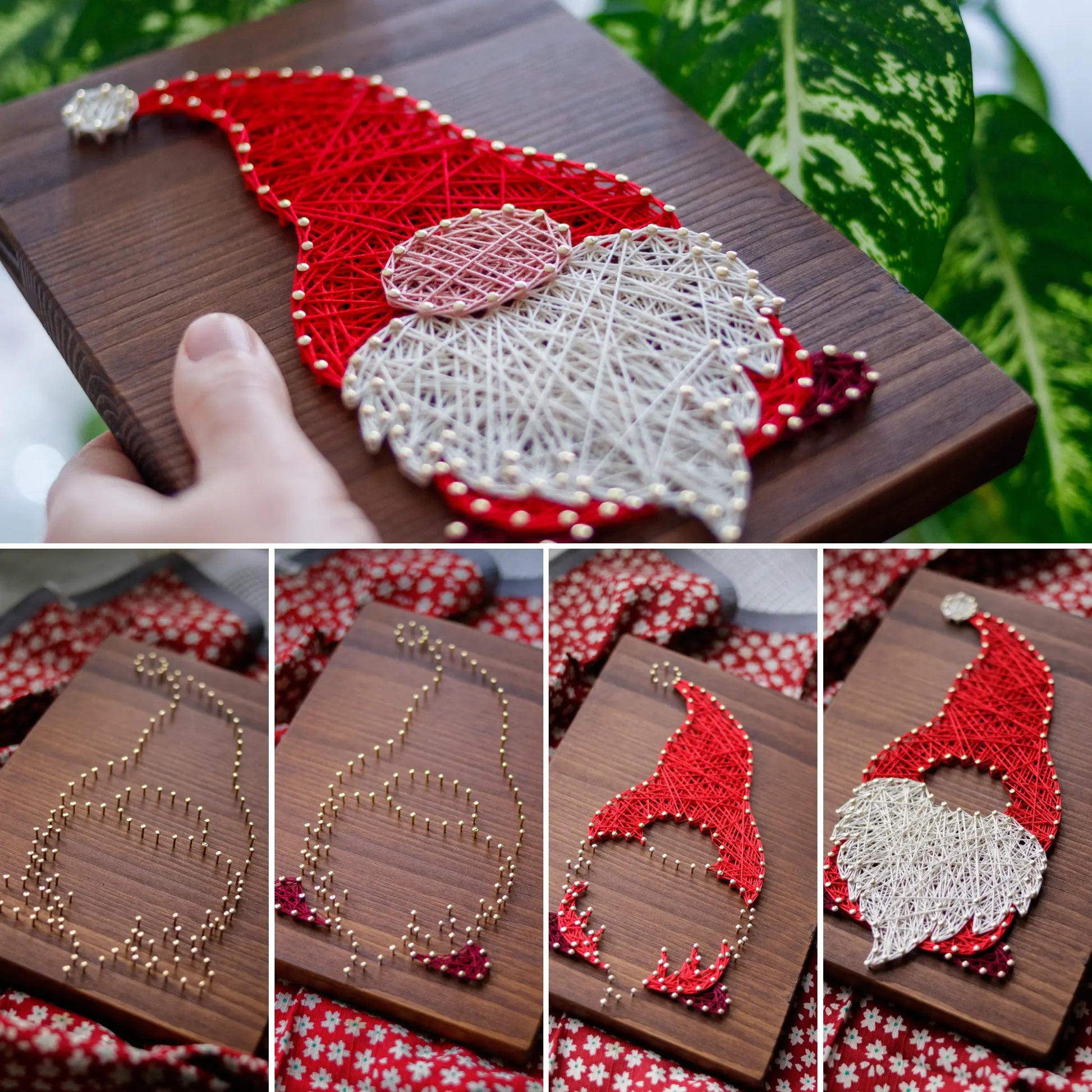 DIY string art kit featuring a gnome with a red hat and white beard, created with colorful threads on a wooden board by GoodStrings