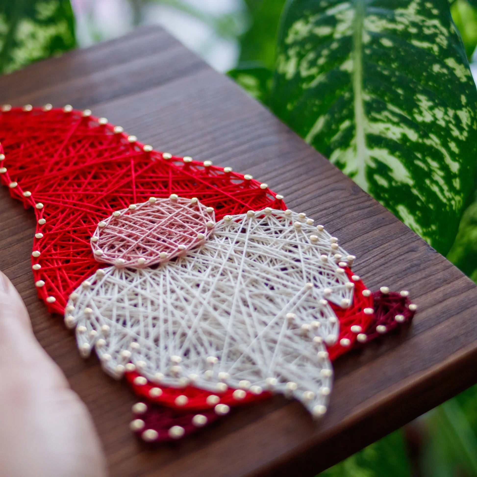 DIY string art kit featuring a gnome with a red hat and white beard, created with colorful threads on a wooden board by GoodStrings