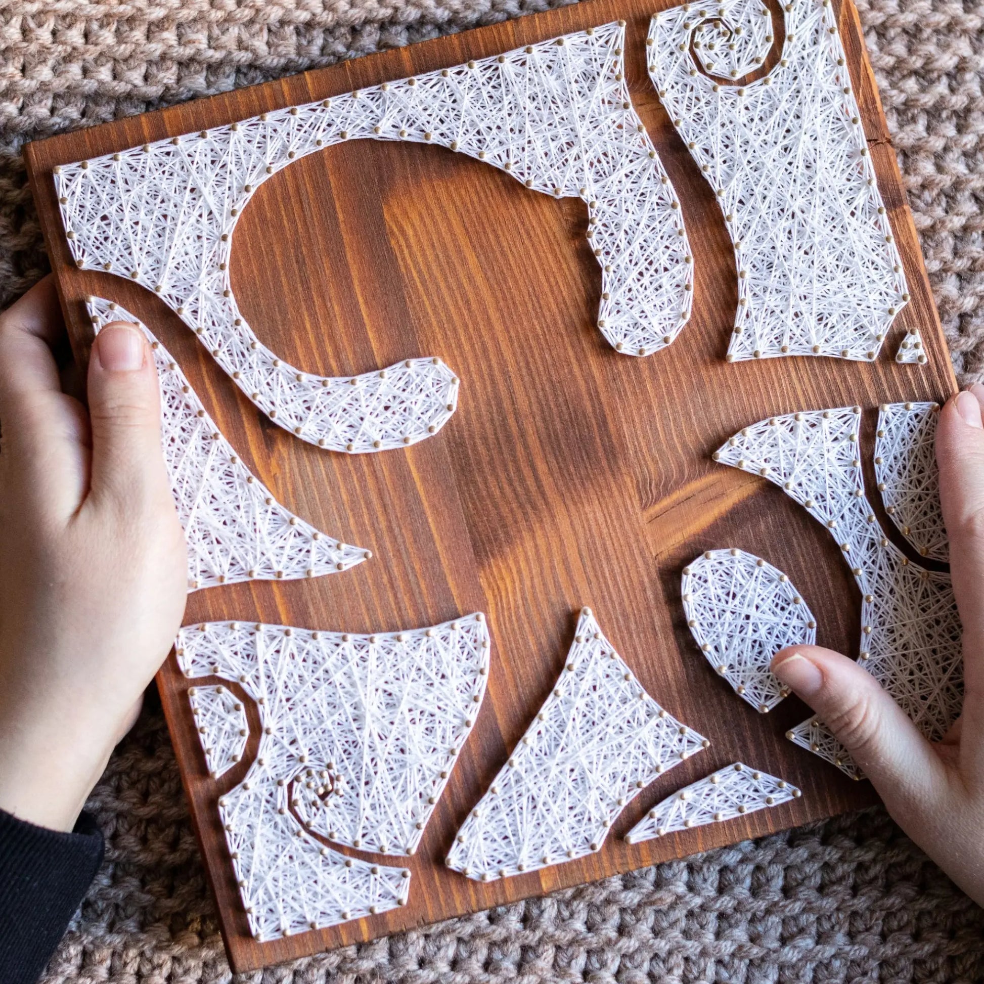 DIY string art kit featuring an octopus silhouette with various geometric shapes created with white threads on a dark wooden board by GoodStrings