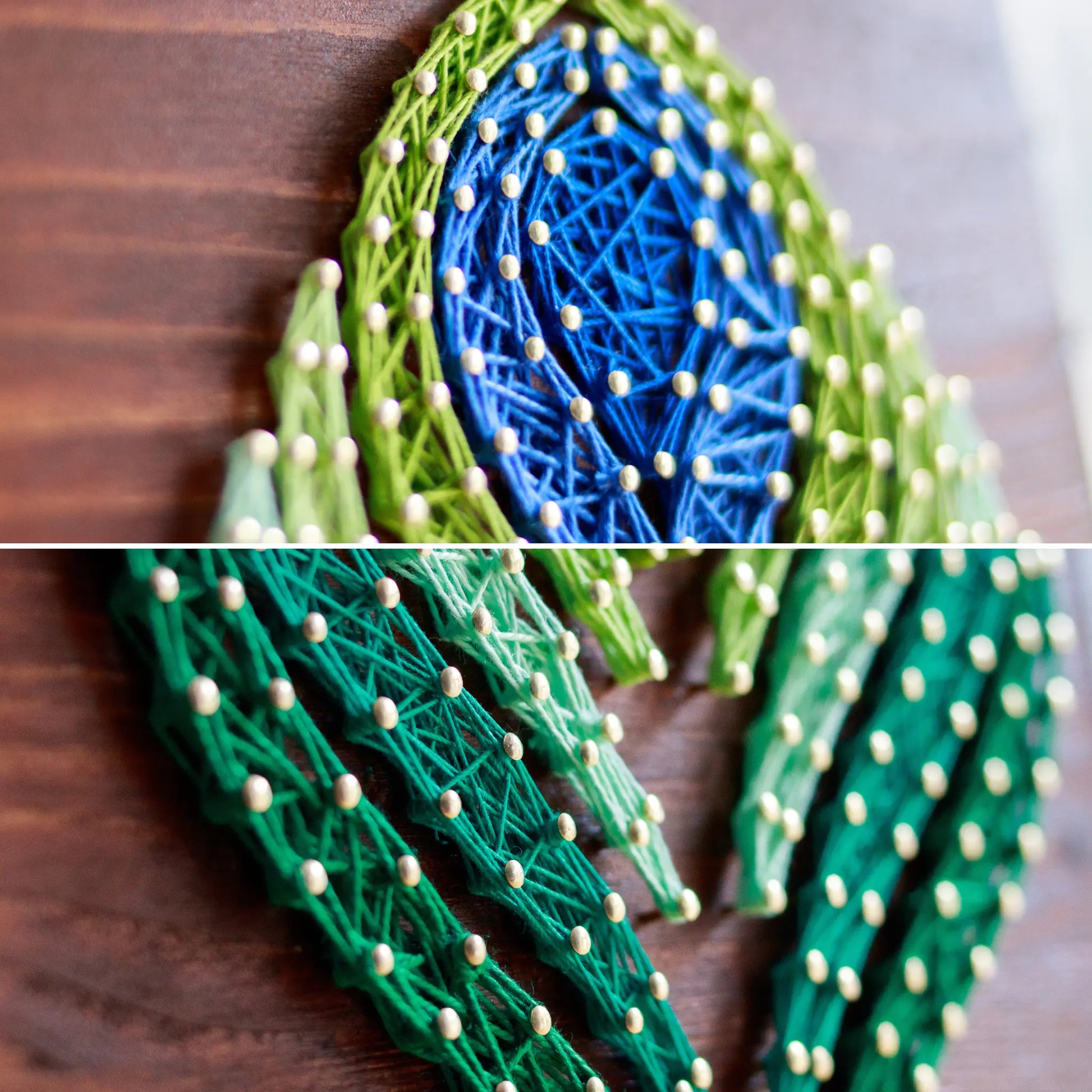 DIY string art kit featuring a peacock feather design with vibrant blue, green, and lime threads on a rustic wooden board by GoodStrings - detailed view