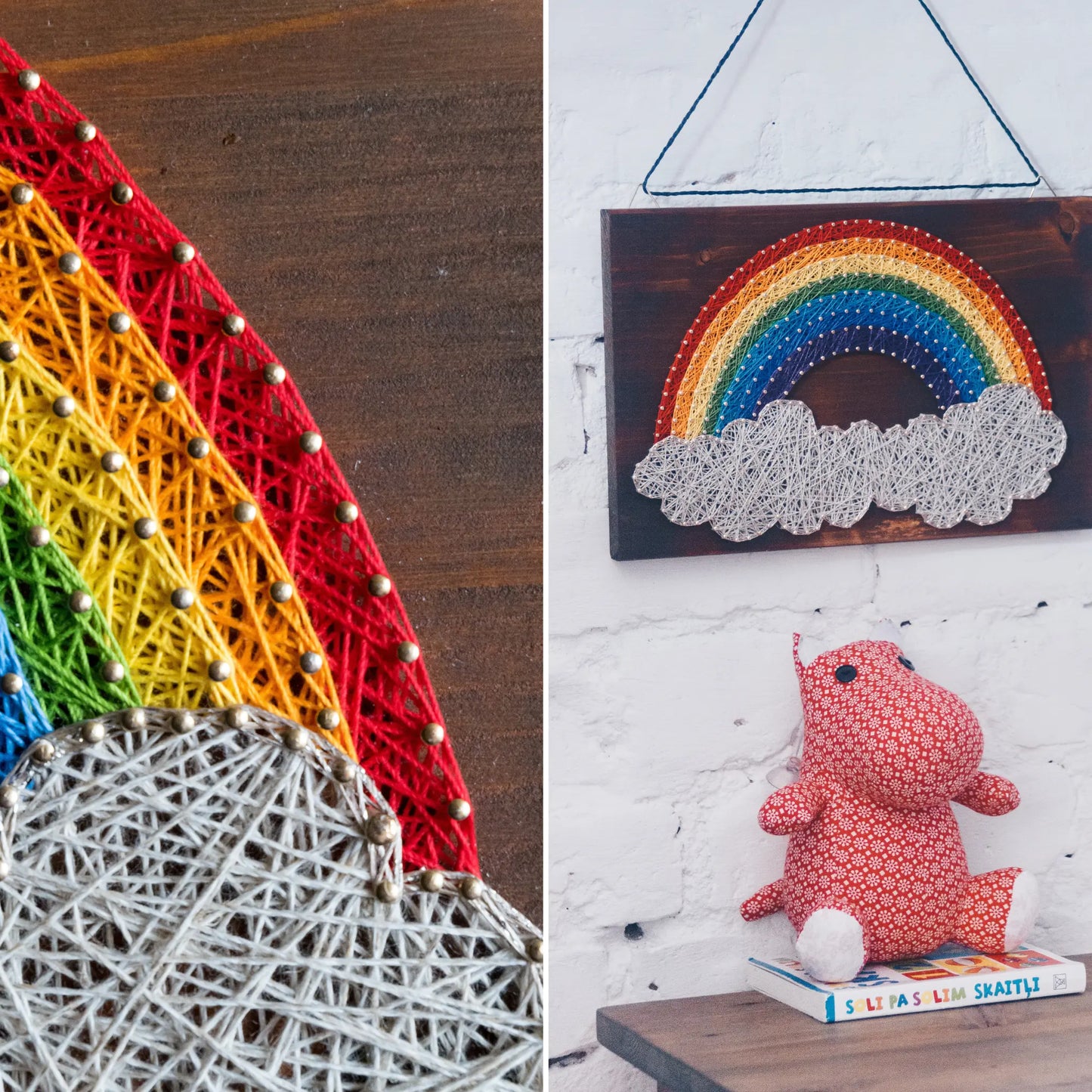 DIY string art kit featuring a vibrant rainbow arching over fluffy clouds, crafted with colorful threads on a dark wooden board, designed by GoodStrings