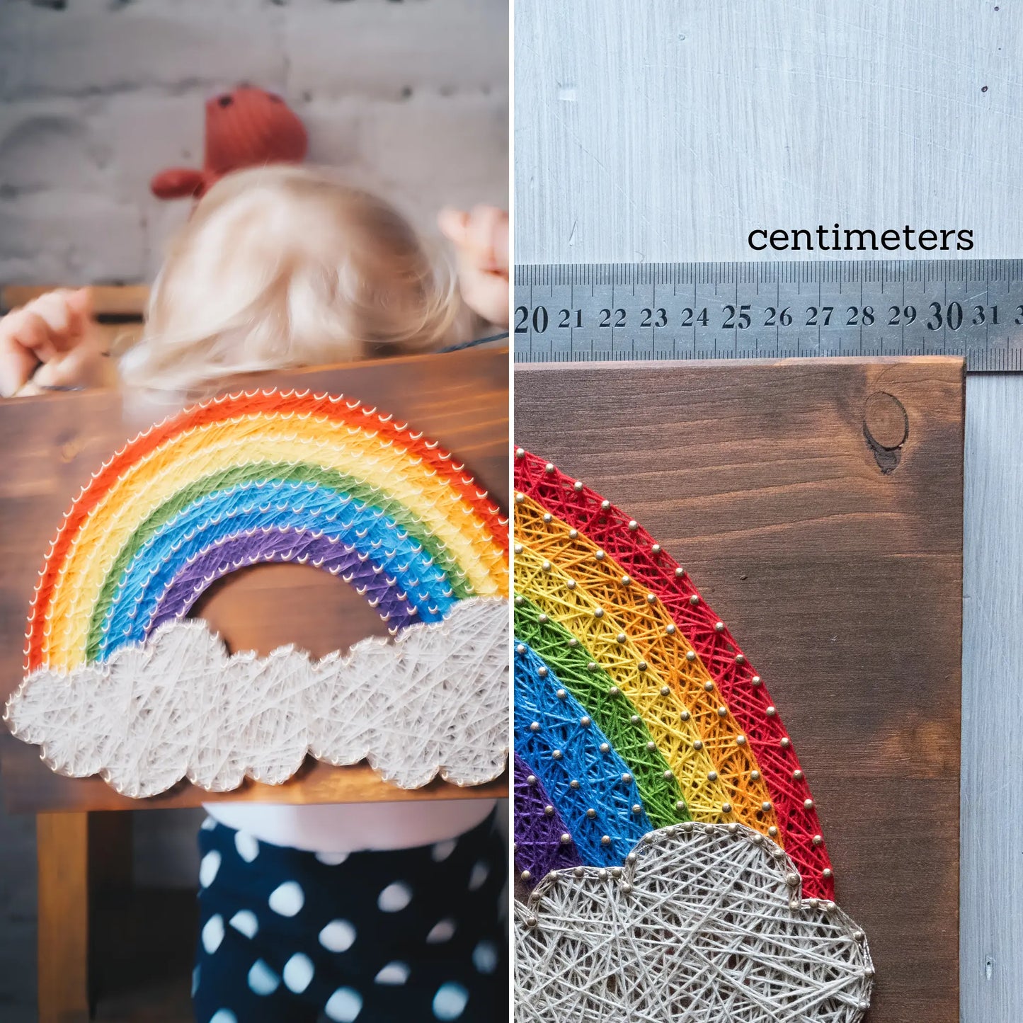 DIY string art kit featuring a vibrant rainbow arching over fluffy clouds, crafted with colorful threads on a dark wooden board, designed by GoodStrings