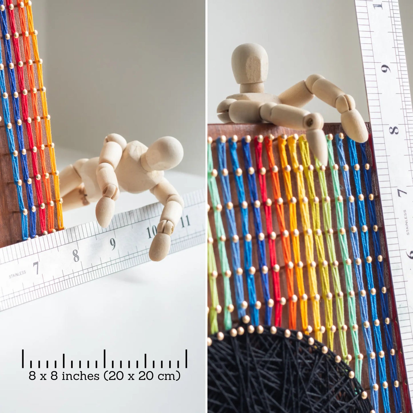 A piece of string art on a wooden board depicting a black umbrella. The umbrella is created using black string and gold pins. Above the umbrella, vertical rows of colorful strings in red, yellow, blue, orange, and green are arranged, representing rain falling from the top of the board.